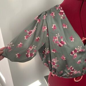 Sadie & Sage Floral Cropped Puff Sleeve Wrap Blouse - Green and Pink